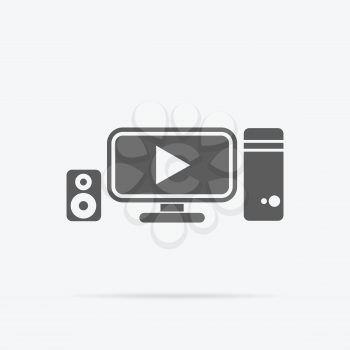 Video promotion manochrome black icon flat design. Data statistics of the video promotion. Computer monitor with play icon of a video on the screen. Vector illustration