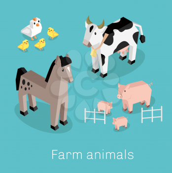 Farm animal set isometric 3d design. Cow and pig, sheep and chicken, farm animals, nature 3d natural livestock animal, fauna animal mammal, healthy character vector illustration