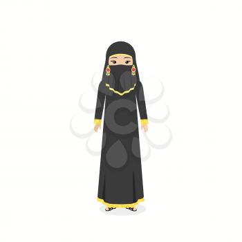 Arabian traditional clothes people. Arab traditional muslim, arabic woman clothing, east arabian dress, ethnicity islamic face, person human woman isolated on white. Vector illustration