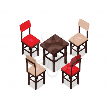 Chair and table isometric design. Office table chair isolated, isometric furniture, room interior, home furniture indoor and office desk vector illustration. Two red and two brown chairs