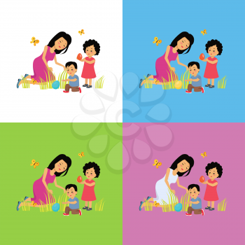 Happy easter family set design. Easter egg and spring childhood easter. Family easter holiday vector illustration in cartoon flat design. Mother plays with children on the lawn
