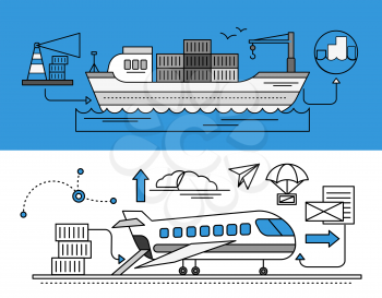 Concept of Freight Forwarding by sea and by air. Transport delivery, shipping import industry, distribution and logistic, export railway transportation. Set of thin, lines, outline flat icons