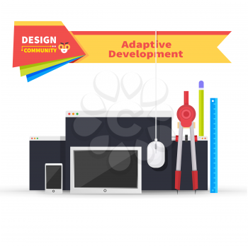 Adaptive development tablet and paint tools. Adaptive web development, website and technology, adaptive page device, tool mobile, drawing and monitor site, smartphone webpage, tablet illustration