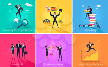 Business banner teamwork and solution. Success businessman searching for oppotrunities and professional support, knowledge and teamwork, business solution and overcoming obstacles. Vector illustration