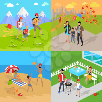 Family holiday barbecue and amusement park. Family dad mom and child spend vacation. Relax on beach, mountain tourism, prepare barbecue in yard and walk in park attractions. Vector illustration