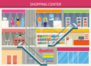 Shopping center storefronts design. Large shopping center with clothing stores and trendy bags on the second floor. Downstairs grocery supermarket with food cashier for payment Vector illustration