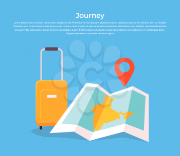 Journey concept luggage and map. Travel and journey with luggage and map. bag and vacation tourism trip, baggage for holiday tour design, adventure object map and pin isolated. Vector illustration