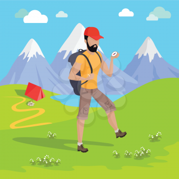 Man traveler with backpack hiking equipment walking in mountains. Mountain tourism concept in cartoon design style. Vector illustration