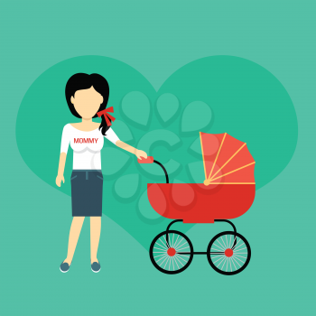 Mother with a baby carriage banner design flat. Parent mother walking with baby in the baby carriage. Mom young happy with toddler, female and motherhood, love and happiness, vector illustration