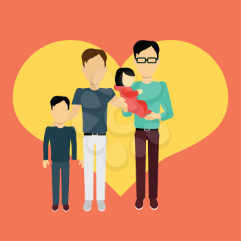 Happy family homosexual concept banner design flat style. Young family gay man with a son and baby daughter. Mother and father with child happiness lifestyle, vector illustration