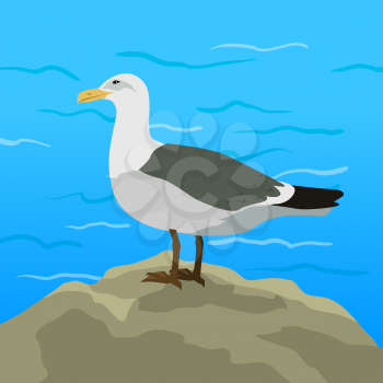 Gull vector. Sea bird wildlife in flat style design. Illustration for prints, vacation advertising, childrens books illustrating. Beautiful Seagull bird seating on seacost.