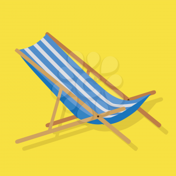 Flat design simple blue white stripes summer beach sunbed lounger chair wood isolated on yellow. Vector illustration