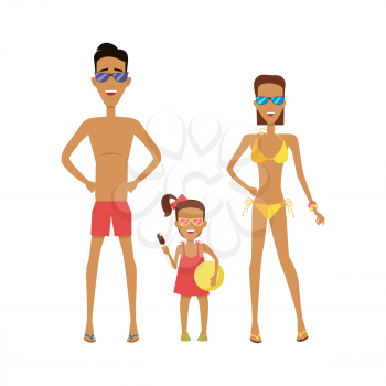 Family in their swimming attire on a white background. Father mother and daughter with sunglasses which holds the ice cream and ball. Vector illustration