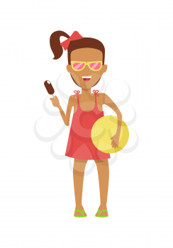 Girl character in dress and sunglasses with ice-cream and ball vector flat design illustration. Smiling child ready for summer camp ant beach entertainments standing isolated on white background.