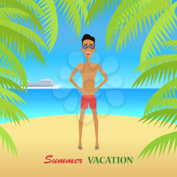 Beach with sand and palm trees in shiny day. Man in sunglasses. Summer vacation concept. Vector illustration