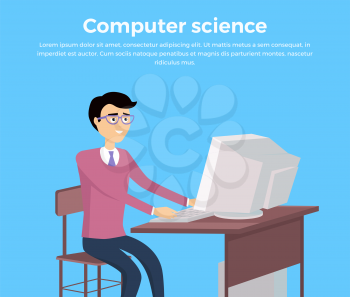 Computer science concept vector flat design banner. Programming learning and training. Scientific analysis of the computer data. Man working while sitting at computer monitor illustration.