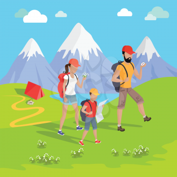 Man traveler with backpack hiking equipment walking in mountains. Mountain tourism concept in cartoon design style. Family trip to the mountains Vector illustration