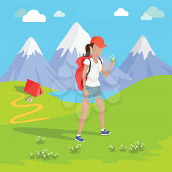 Woman traveller with backpack hiking equipment walking in mountains. Mountain tourism concept in cartoon design style. Vector illustration
