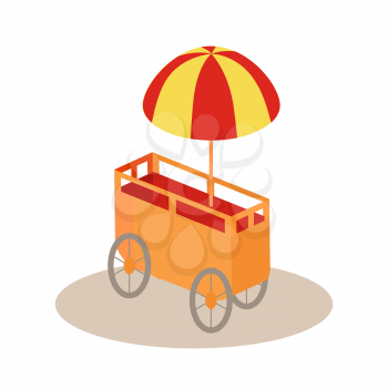 Ice-cream trolley in isometric projection Vector style design Icon. Street fast food concept. Food truck with umbrella illustration. Isolated on white background.