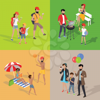 Family holiday barbecue and amusement park. Family dad mom and child spend vacation. Relax on beach, mountain tourism, prepare barbecue in yard and walk in park attractions. Vector illustration