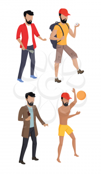 Summer vacation concept. Set vector illustrations mans summer characters. Male figures in flat design. Guy hiking, playing with ball, eating ice cream, cooking.