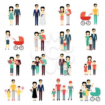 Family set. Man woman and child. Collection of various families. Couple man and woman bride and groom, father and small child in stroller, mother and father with son and daughter. Vector illustration