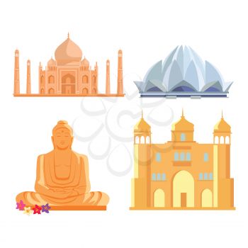 Set famous Indian architectural attractions. Tadj mahal, Lotus temple, Buddha Statue, ancient palace flat style design vector illustrations. Summer vacation in India concept.