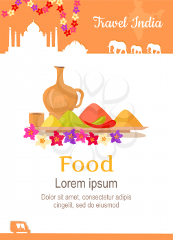 Travel India conceptual poster in flat style design. Summer vacation in exotic countries illustration. Journey to India vector template. Foreign cooking and restaurants, exotic food concept.