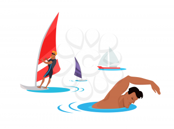 Summer entertainment concept illustration. Vector flat design. Active vacation on tropical sunny seaside. Water sport. Swimming and windsurfing on the coast in flat design. On white background.