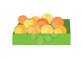 Box with fruits concept vector. Flat style design. Fresh oranges on market. Delivery farm products, grocery store assortment, foods for diet illustration. Isolated on white background. 