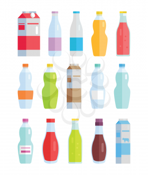 Set of bottles and paper packs with water, sweet drinks, milk, sausages. Flat design. Collection vector illustrations for app icons, labels, prints, web or logo design, infographics.     