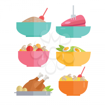 Set of Traditional Dishes Vectors. Flat design. Healthy eating concept. Porridge, steak, salad, poultry pictures for for culinary recipes, cafe menu, cooking, diet illustrating.