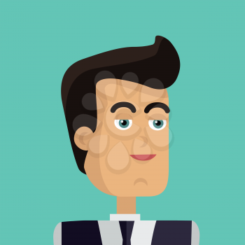 Businessman avatar icon isolated on green background. Man with black hair in business suit and tie. Smiling young man personage. Flat design vector illustration