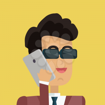 Businessman avatar icon isolated on yellow background. Man in sunglasses with black hair in business suit and tie holds phone to his ear. Smiling young man personage. Flat design vector illustration