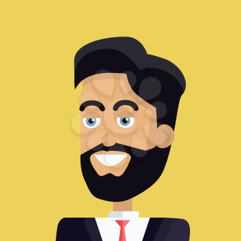 Businessman avatar icon isolated on yellow background. Man with black hair and beard in business suit and tie. Smiling young man personage. Flat design vector illustration
