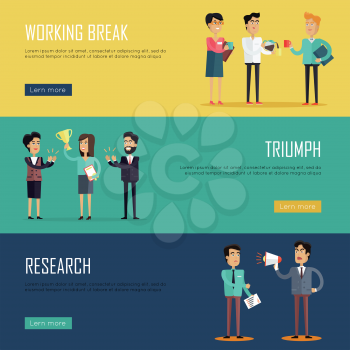Social teamwork concept. Concepts for business research, strategic management, finance, team triumph, working break. Page website design template in flat. Banner, landing page. Vector illustration.