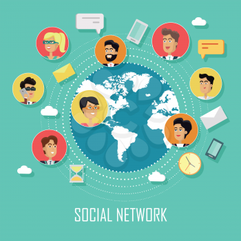 Social network and teamwork concept in flat design. Avatars of men and women with devices for communication between business people on a background with planet. Vector illustration