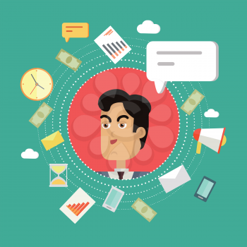 Creative office background. Businessman icon with bubble. Avatars of men with devices for communication. Smiling young man personage in flat on green background. Vector illustration.