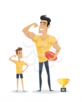 Father and his adorable son with basketball soccer and cup. Role model, greatest mentor. Part of series of fathers day celebration banners. Honoring dads. Fatherhood concept, paternal bonds. Vector