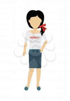 Female character without face in blouse with mommy title vector. Flat design. Woman template personage figure illustration for mother day concepts, fashion app, infographic. Isolated on white.