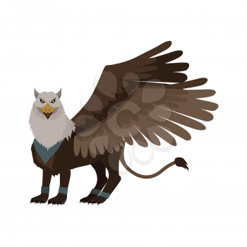 Mythical monsters griffin. Legendary creature with the body, tail, and back legs of a lion, head and wings of an eagle. Game object in flat design isolated on white background. Vector illustration.