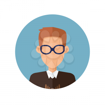 Young man private avatar icon. Young brunette man in brown sweater and glasses. Social networks business private users avatar pictogram. Isolated vector illustration on white background.