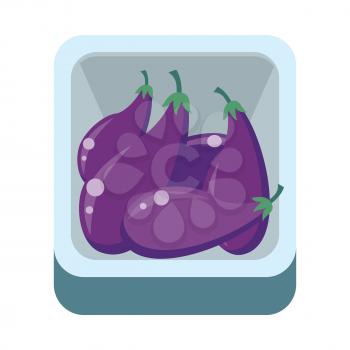 Eggplants in tray vector in flat style design. Grocery store assortment, foods for diet, fresh fruits concept. Illustration for icons, signboards, ad, infographics design. Isolated on white.