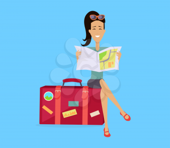 Summer vacation concept. Traveling with baggage illustration. Flat style design. Smiling brunette woman seating on suitcase and looking in road map. Isolated on blue background.