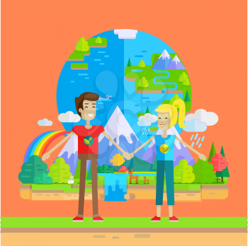 Smiling man and woman holding hands on planet Earth and nature background. Ecologist, environmentalist, nature protection activist or volunteer illustration. Flat design. International earth day.