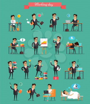 Working day concept set. Vector in flat style. Businessman in office work situations. Planning, browsing, calling, dreaming, sleeping, break, victory, paper work hurry fatigue stress illustrations