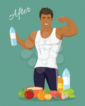 Sportive man after diet. Healthy balanced nutrition, consumption of organic food. Fitness and sport, right way of life. Part of series of promotion healthy diet and good fit. Vector illustration
