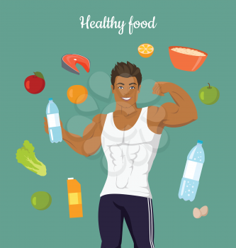 Healthy food concept. Sportive man after diet. Balanced nutrition, consumption of organic food. Fitness and sport, right way of life. Part of series of promotion healthy diet and good fit. Vector