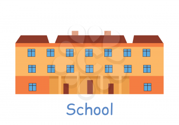 School building icon. Orange building with brown roof. Three-storey building. School icon. Building icon. Simple drawing. Isolated vector illustration on white background.