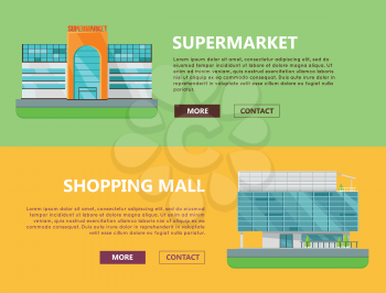 Supermarket web page horizontal templates. Flat design. Commercial building concept illustration for web design, banners. Shopping center, shopping mall, business center on color background.